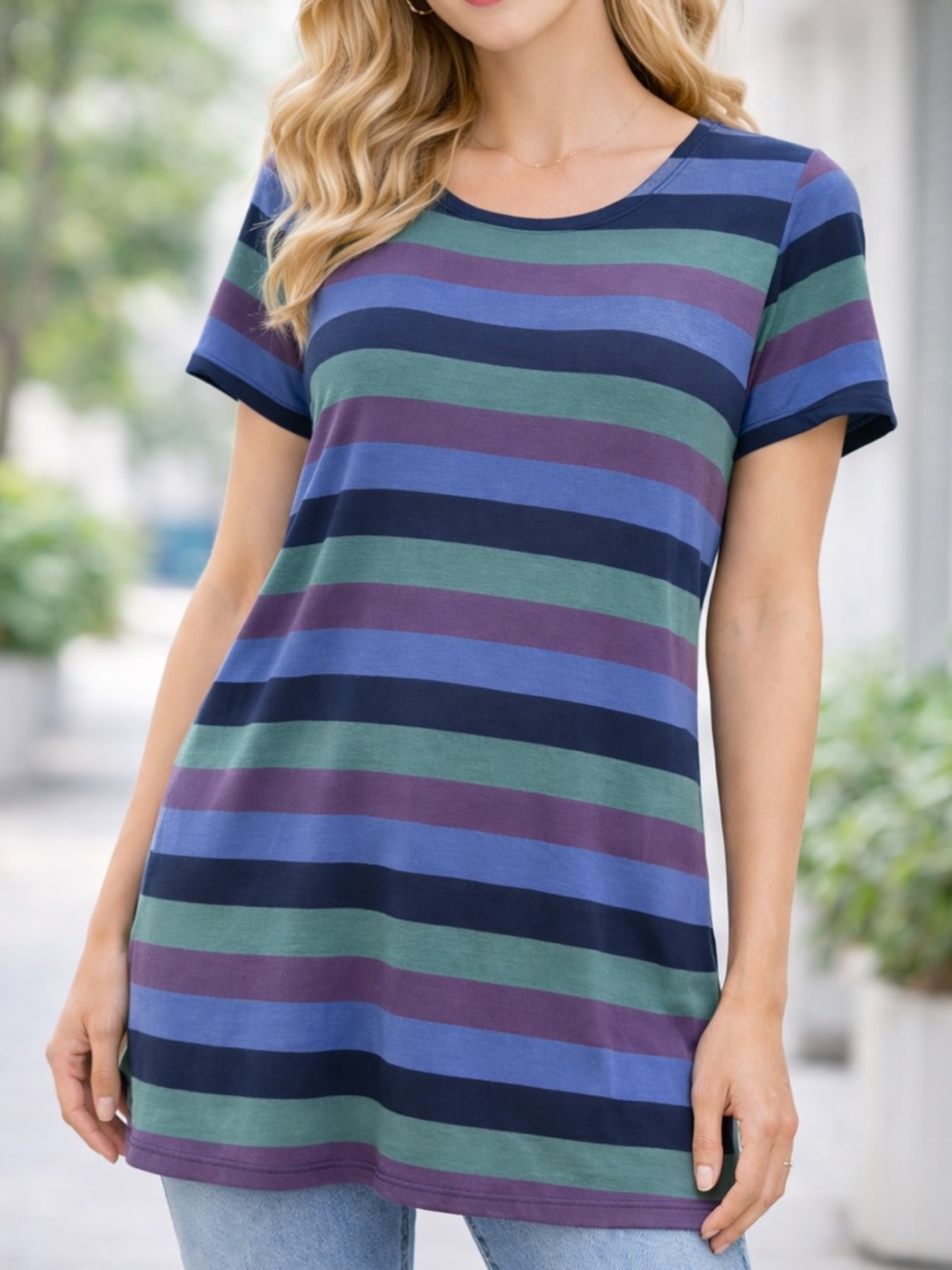NEW Gudrun Sjoden Striped Tunic Purple Periwinkle Green, Size Large (L) - Shift